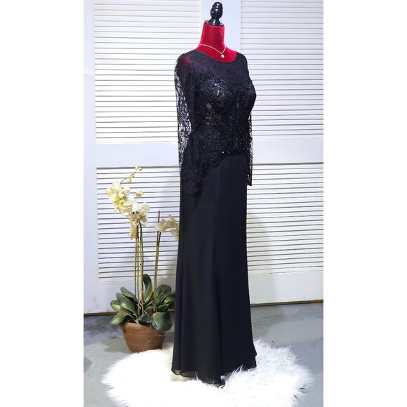 MGNY Women Black Long Sleeve Lace & Beaded Gown Formal Evening Dress Sz 10 2580 - Picture 3 of 16